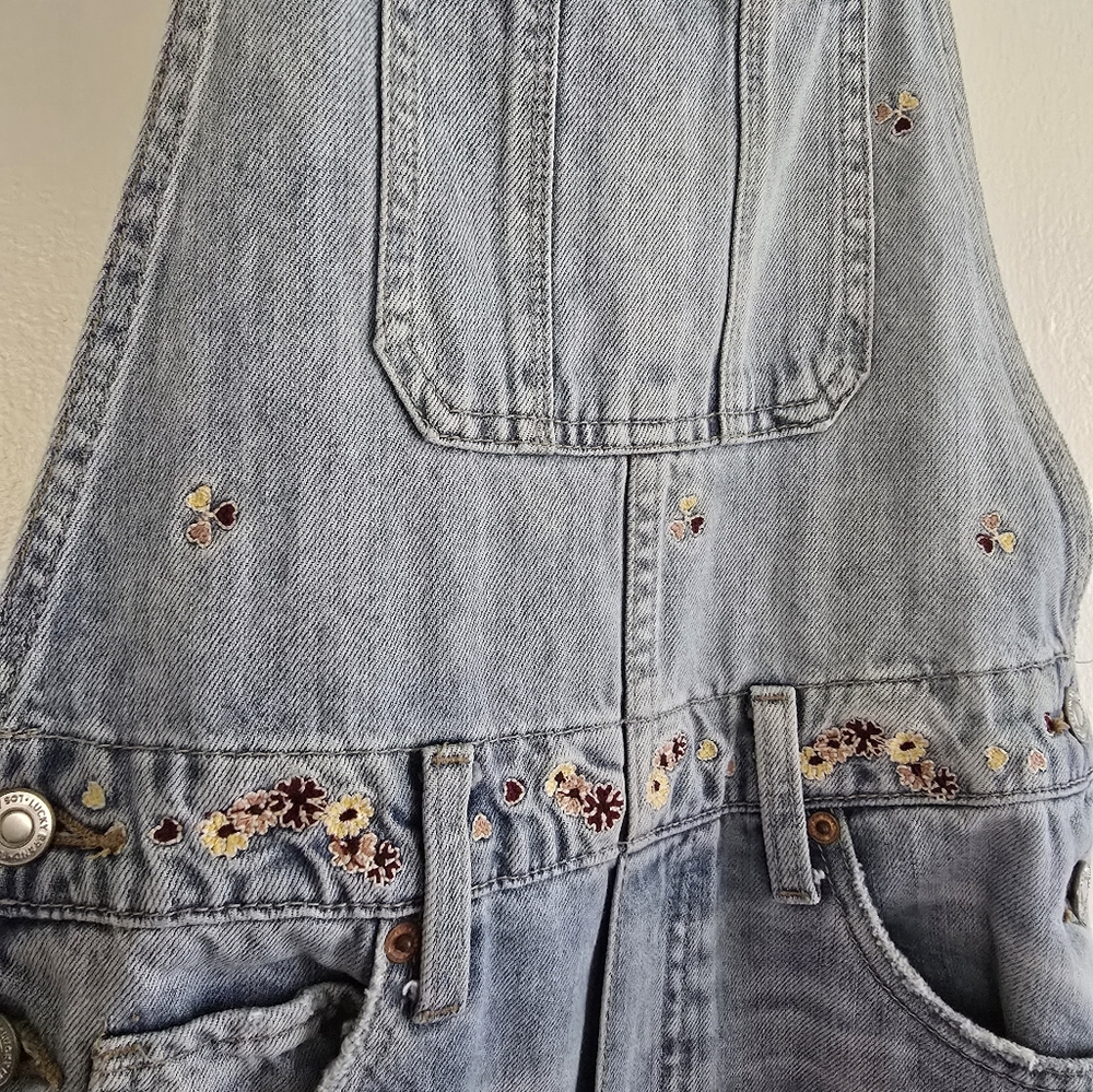 Lucky Brand Distressed Denim Floral & Heart Clover Overalls
